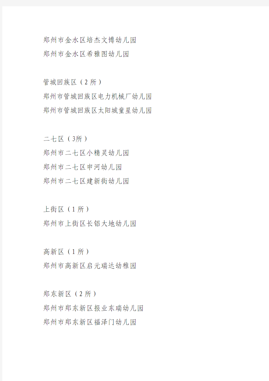2013年郑州市等级幼儿园名单