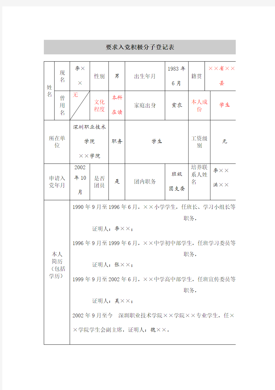 要求入党积极分子登记表 模板