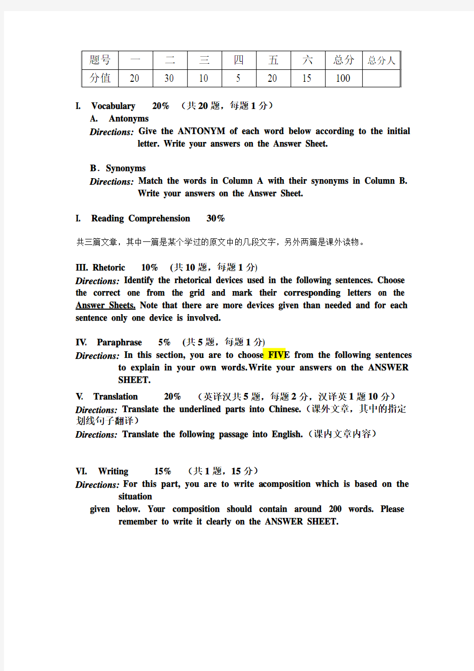 高级英语考试题型