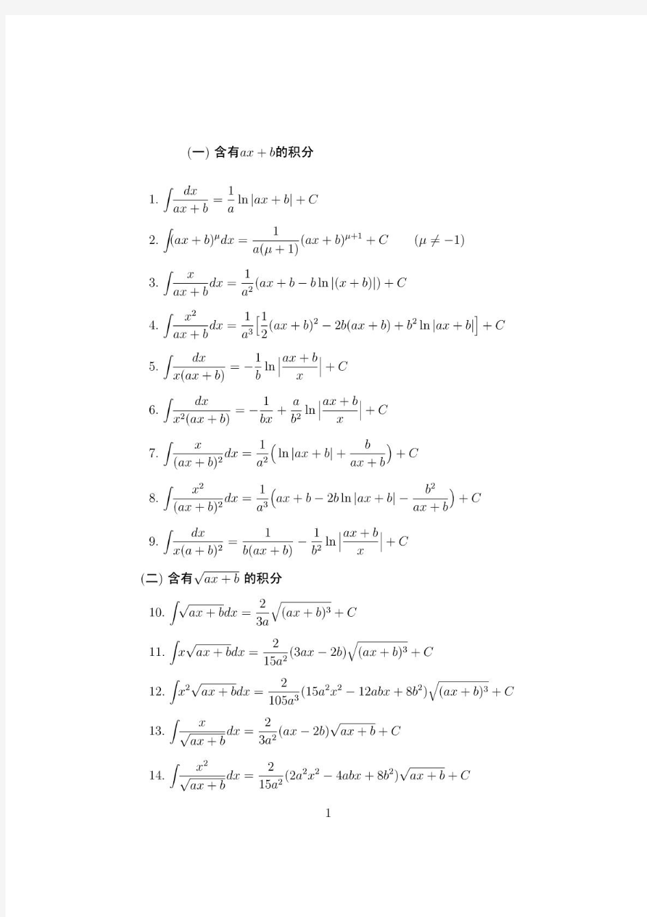高等数学积分表(同济6版)