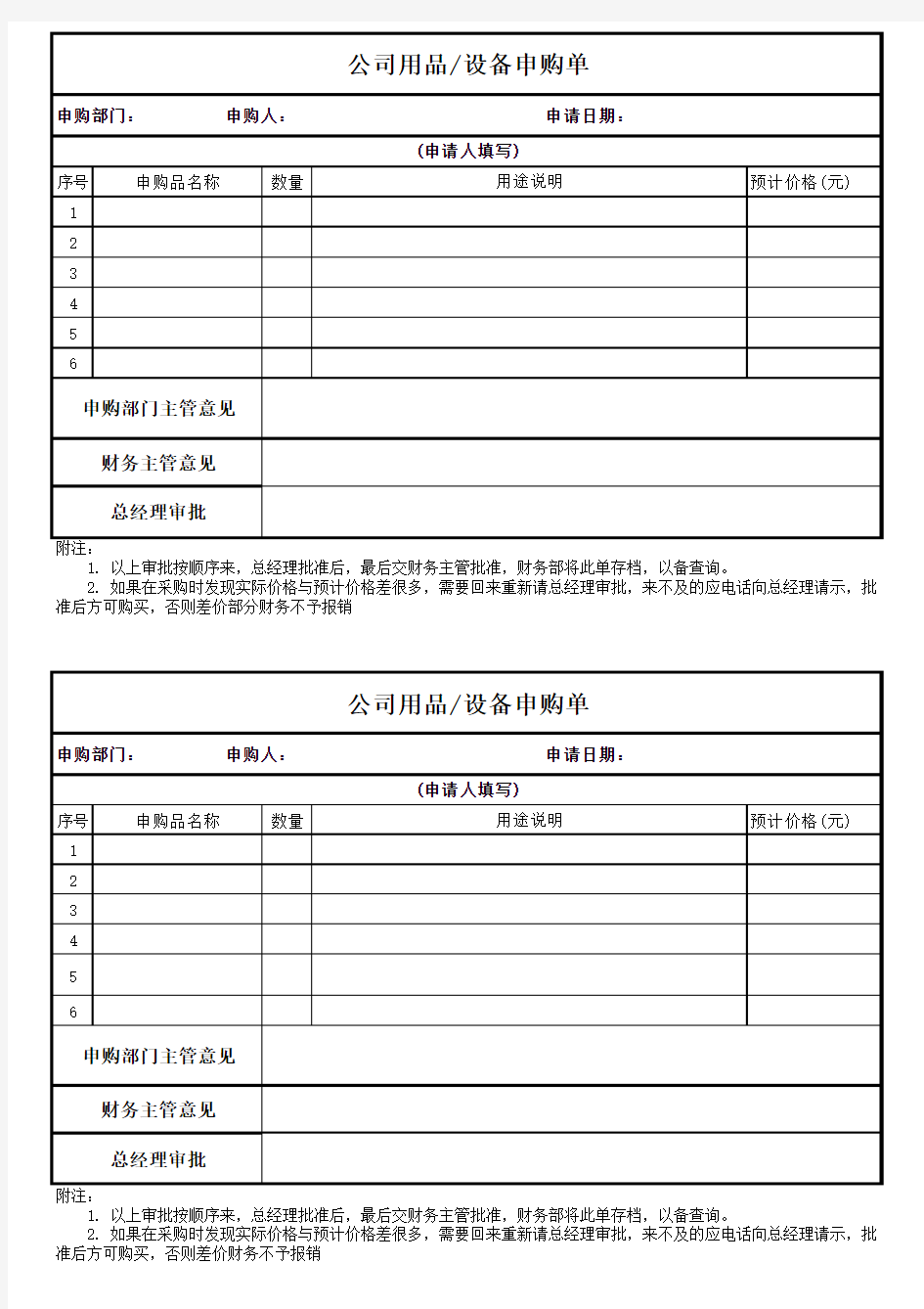 公司办公用品申购单