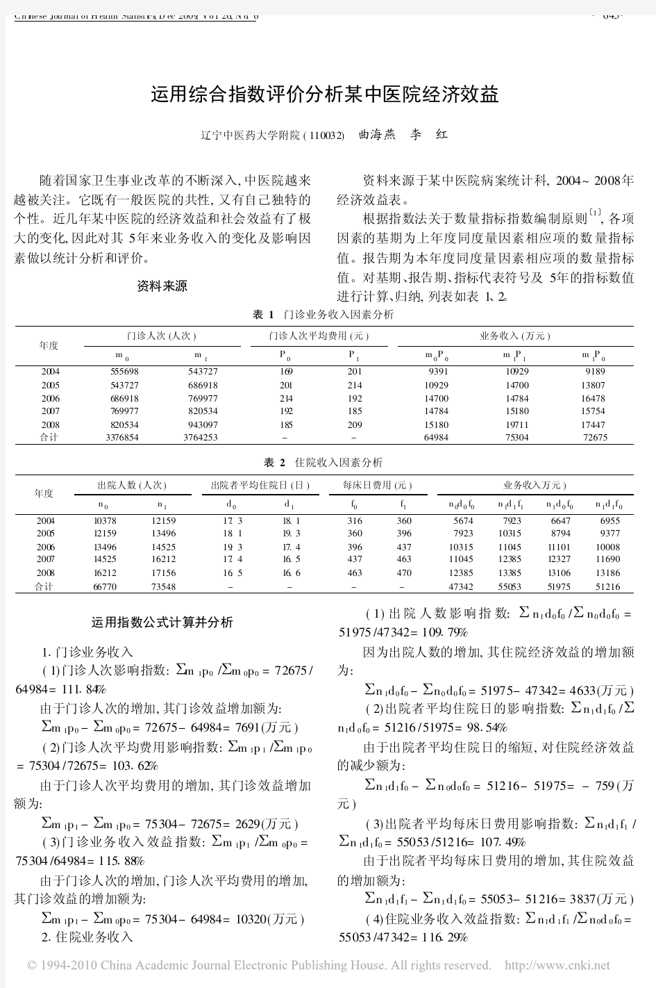 运用综合指数评价分析某中医院经济效益