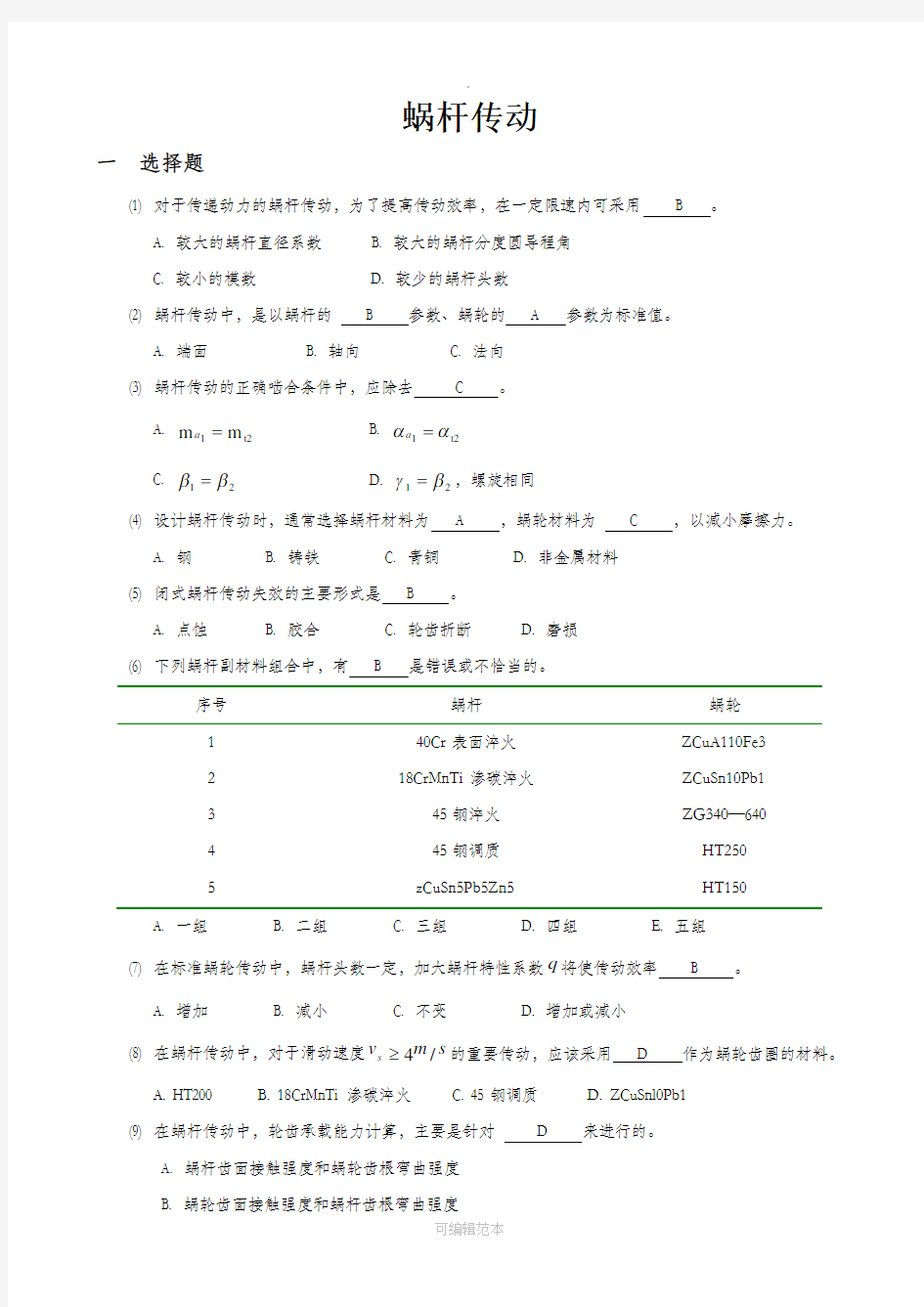 机械设计考研练习题-蜗杆传动