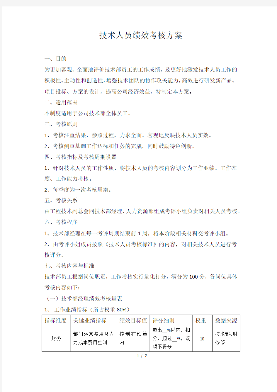 技术人员绩效考核方案