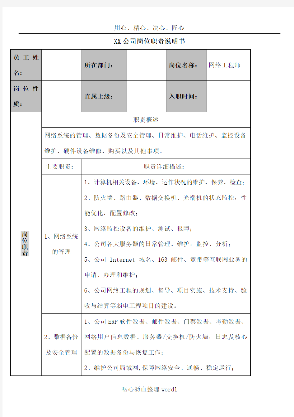 XX公司网络工程师岗位职责说明书