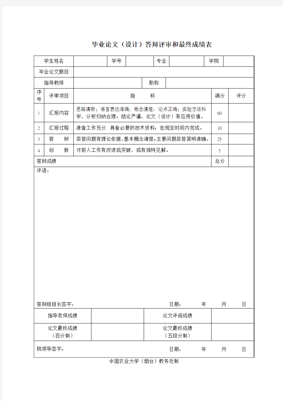 毕业论文(设计)答辩评审和最终成绩表