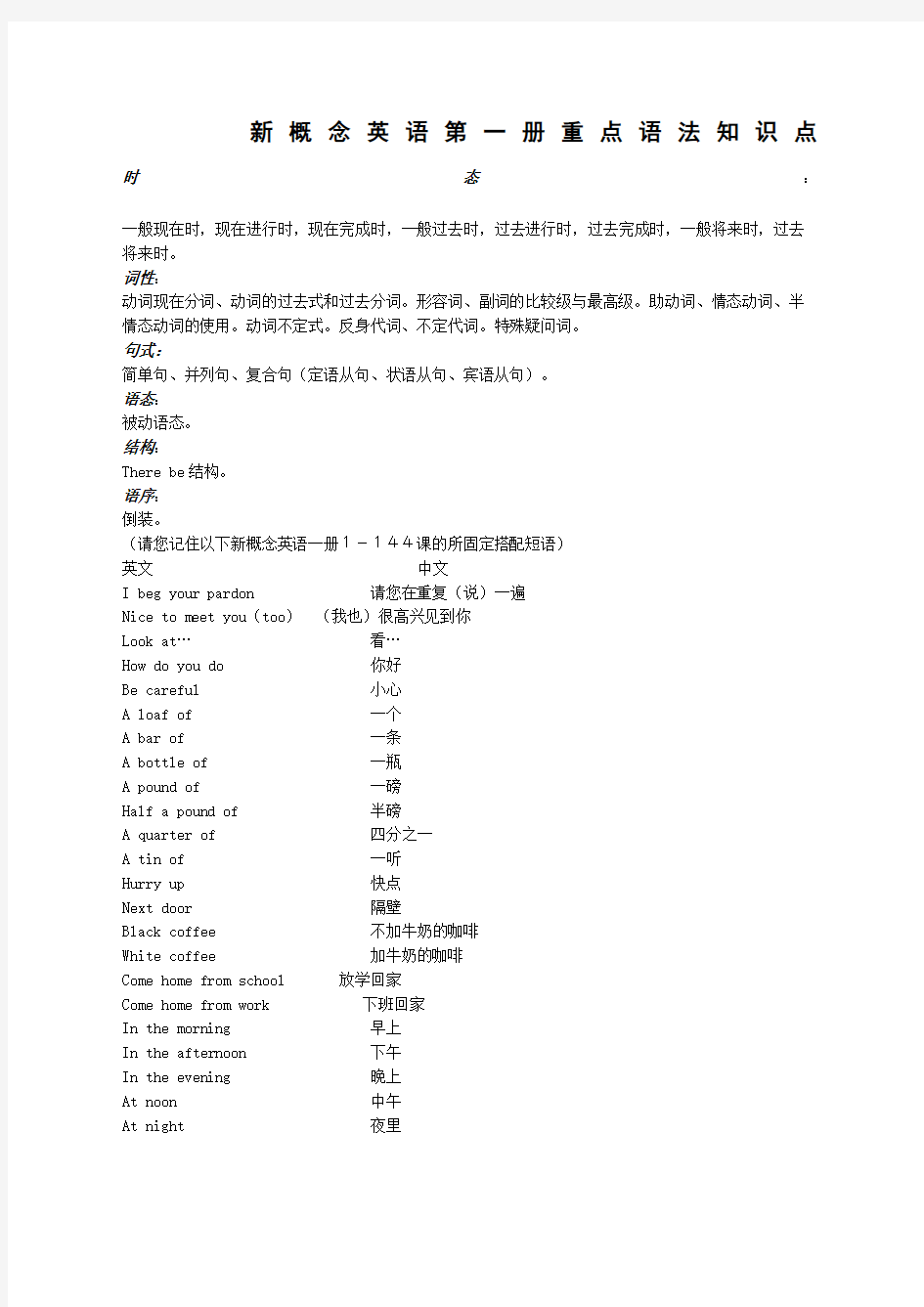 新概念英语第一册重点语法知识点