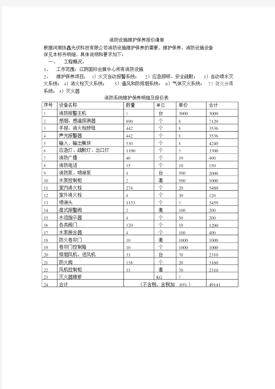 消防设施维护保养报价清单.doc