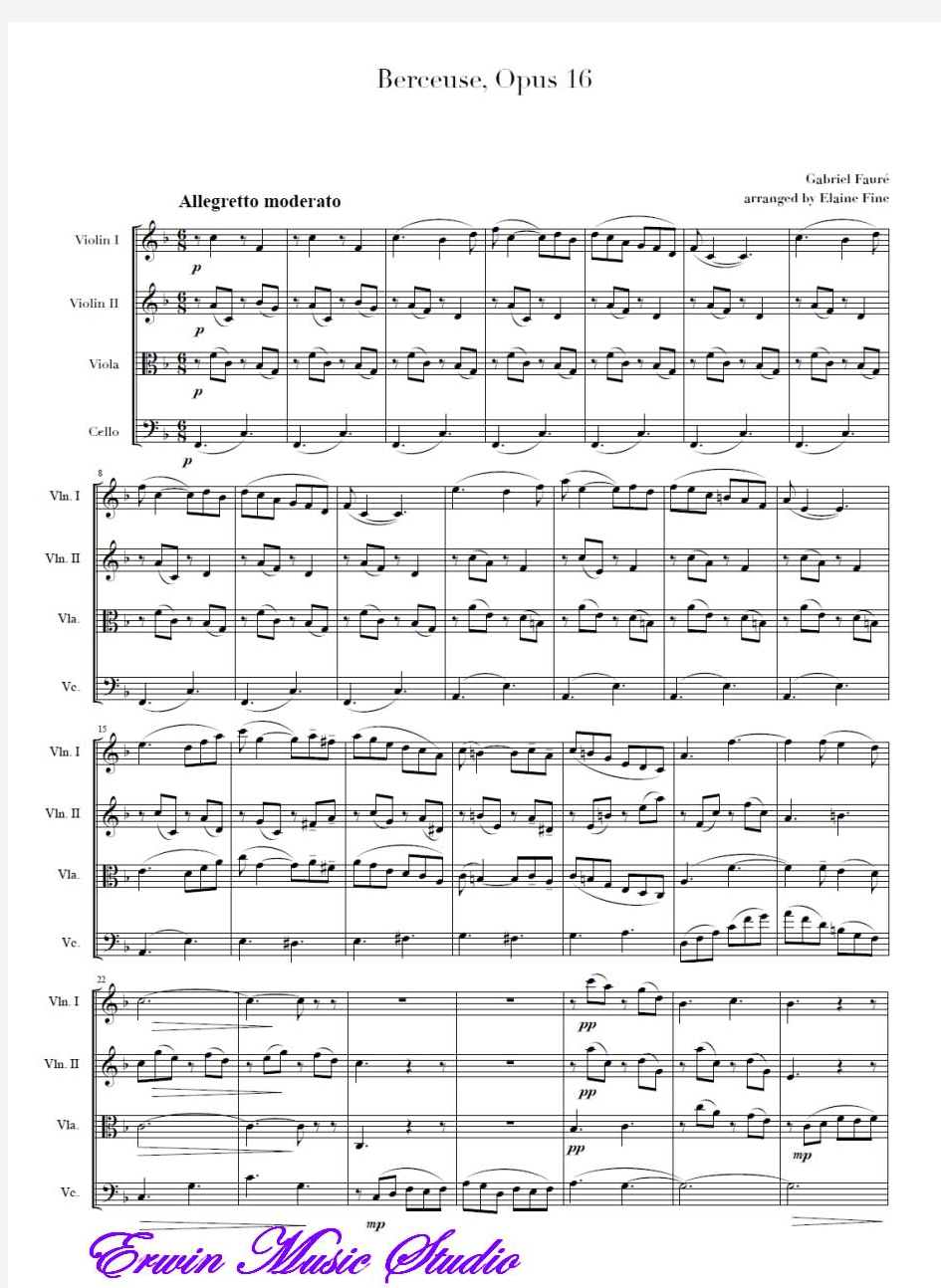 Score加布里埃尔·福莱《摇篮曲》作品.16,弦乐四重奏总谱 分谱