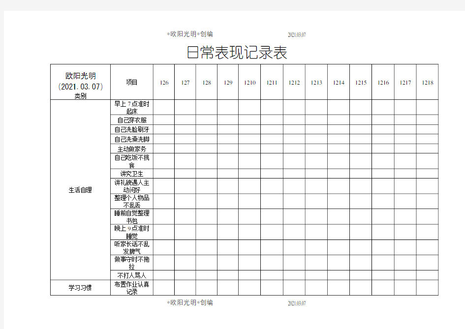 2021年孩子日常表现记录表之令狐采学创编