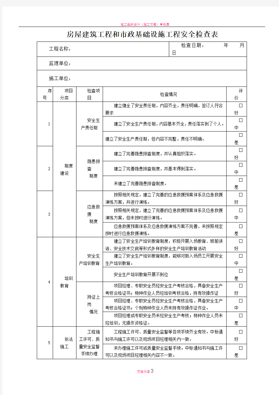 房屋建筑工程和市政基础设施工程安全检查表