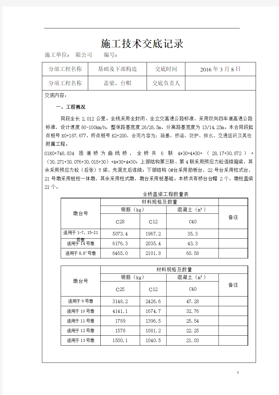 盖梁、台帽施工技术交底解析