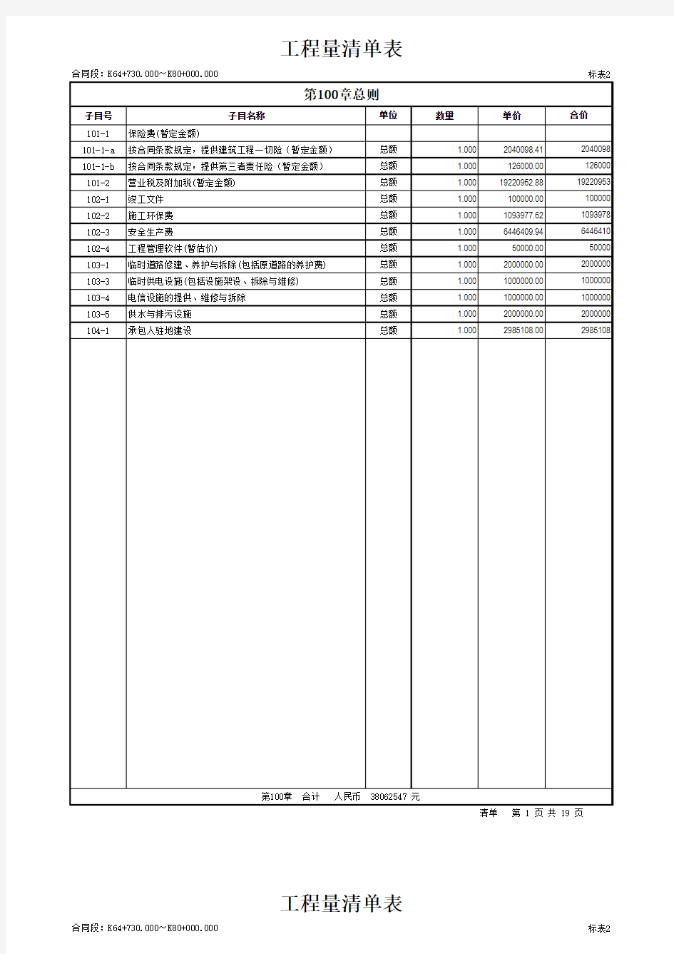 公路造价工程量清单报价表