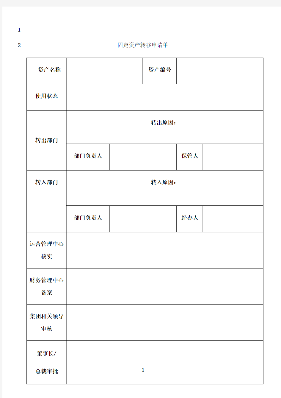 最新固定资产转移申请单(最新版)