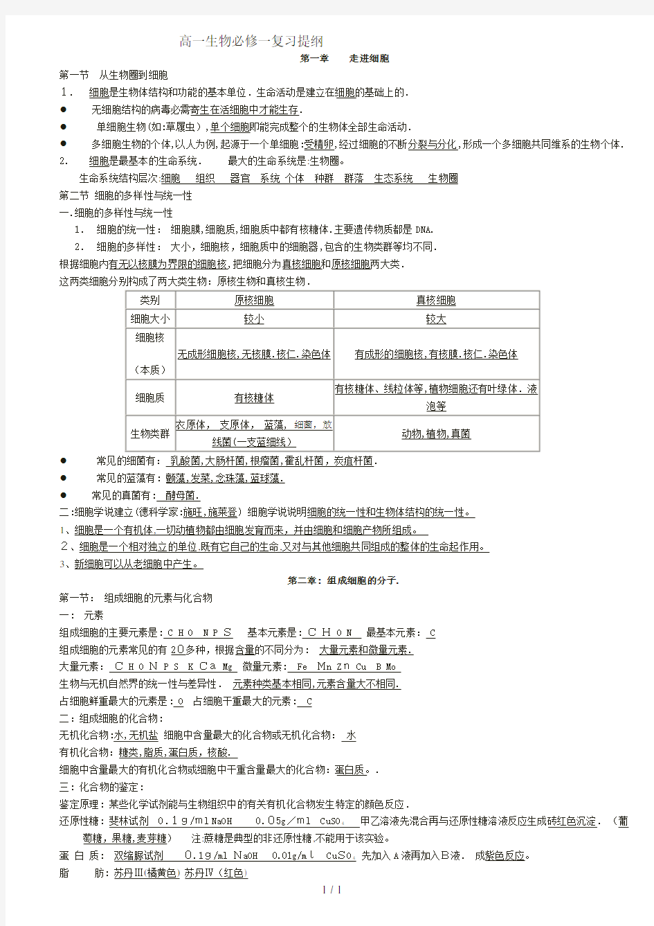 高一生物必修一知识点总结(全)