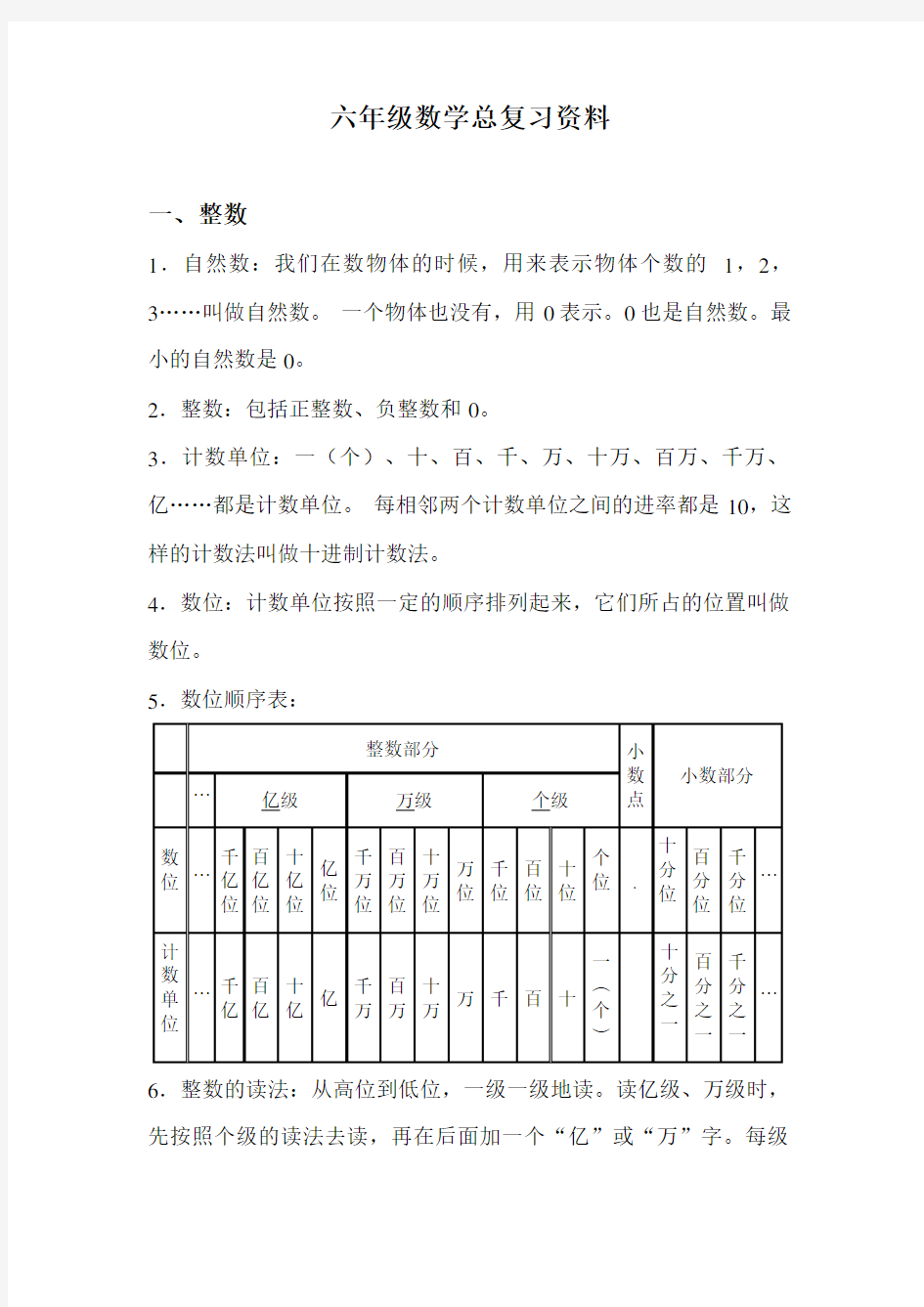 (最新)人教版小学六年级下册毕业数学总复习资料全套