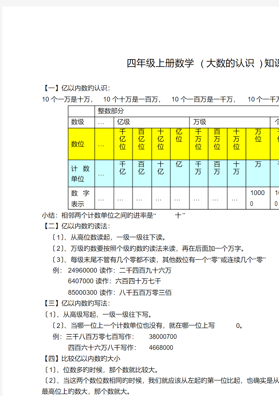 四年级上册数学(大数的认识)知识点