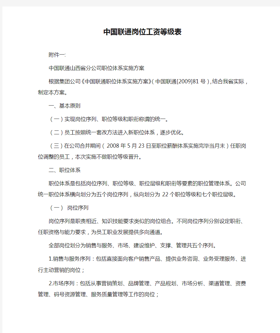 中国联通岗位工资等级表