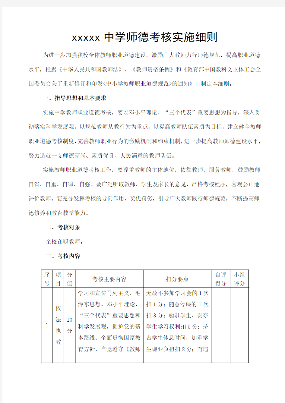 xxx中学师德考核实施细则