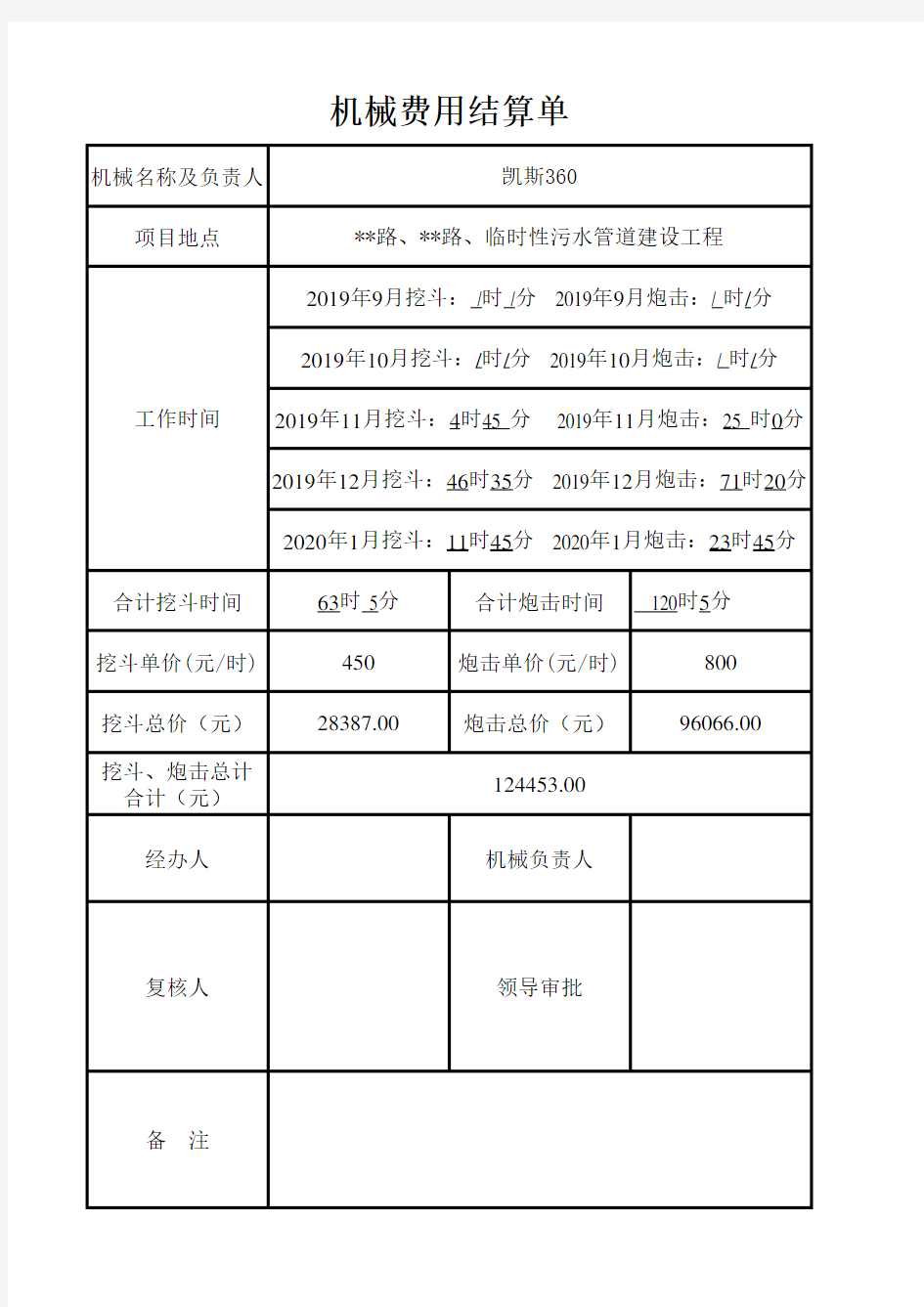 机械费用总结算单(挖掘机完整通用版)