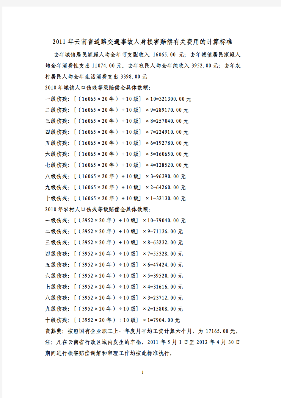 2011年云南省道路交通事故人身损害赔偿有关费用的计算标准