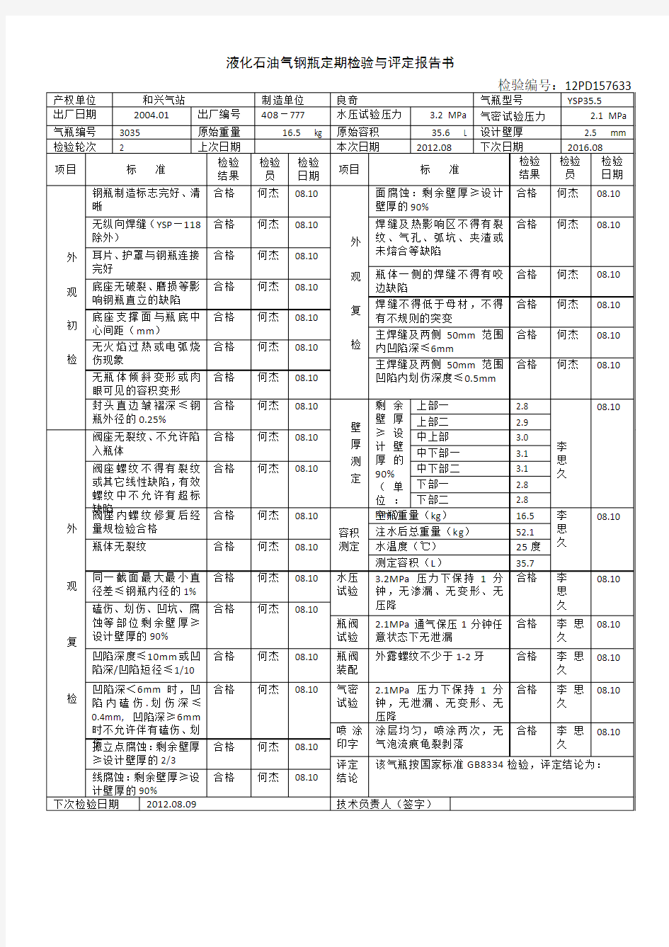 液化石油气钢瓶定期检验与评定报告书