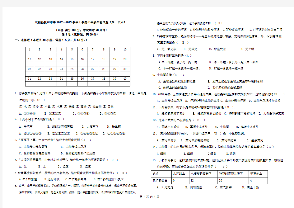 双柏县独田中学2012—2013学年上学期七年级生物试题(第一单元)