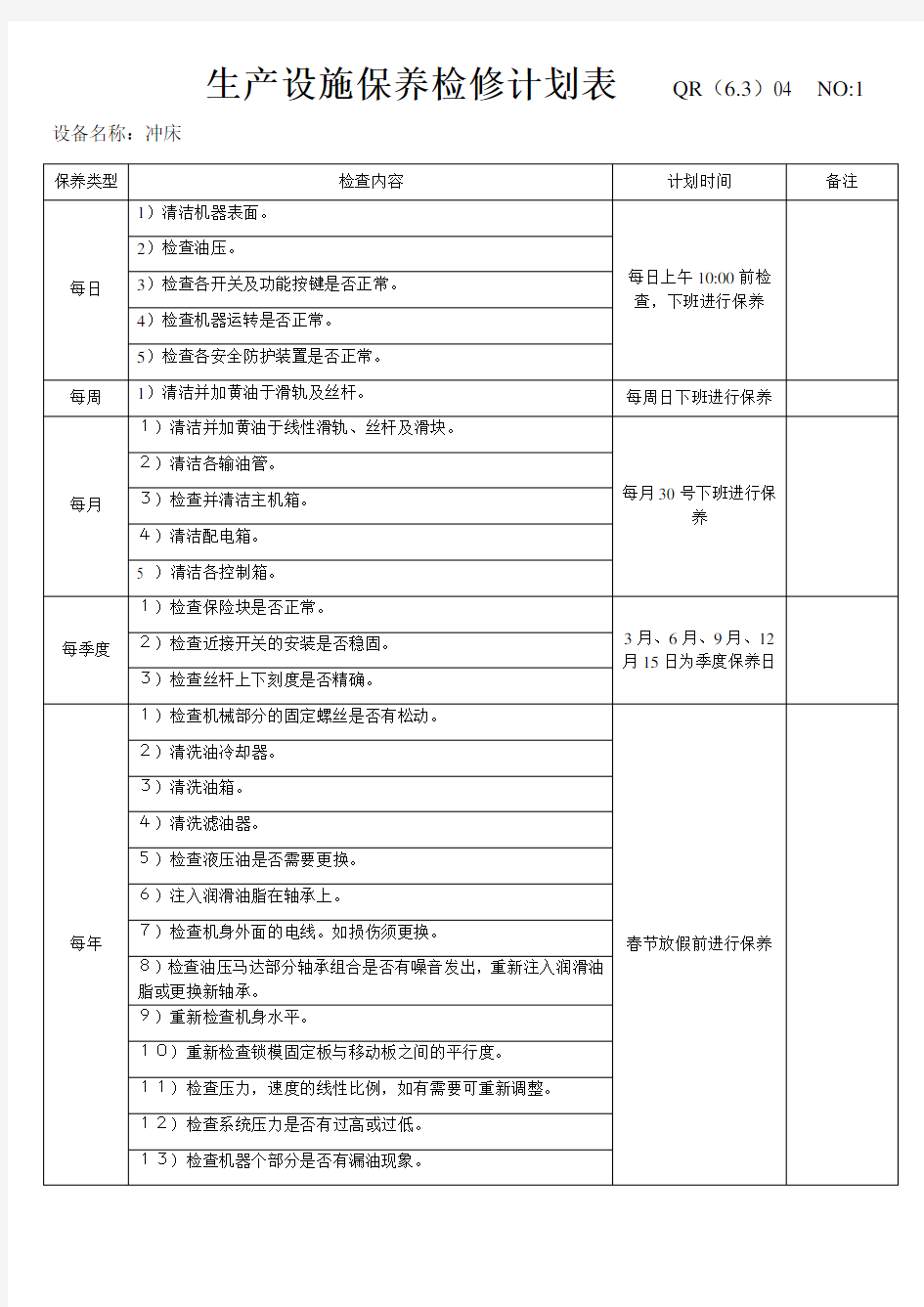 设备维护保养计划