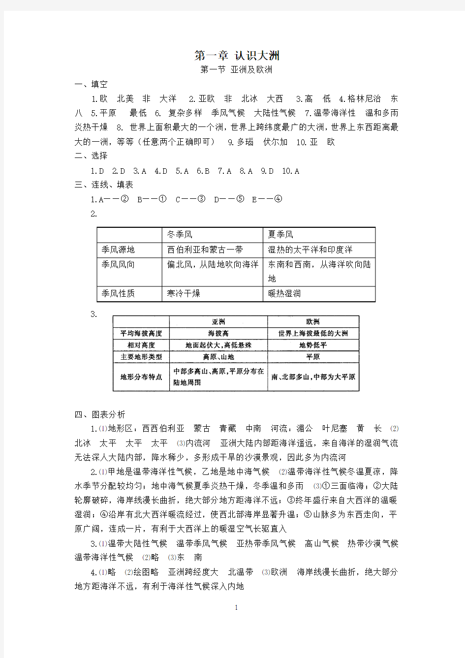 湘教版七年级下册地理《知识与能力训练》答案