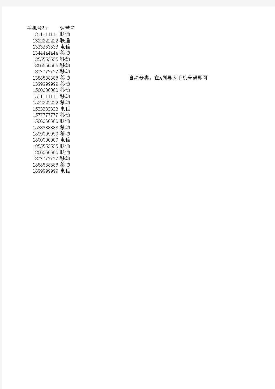 移动,联通,电信手机号码段自动分类