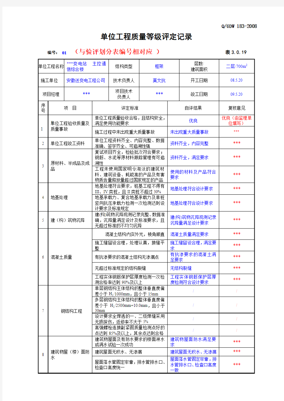 单位验评表格模版