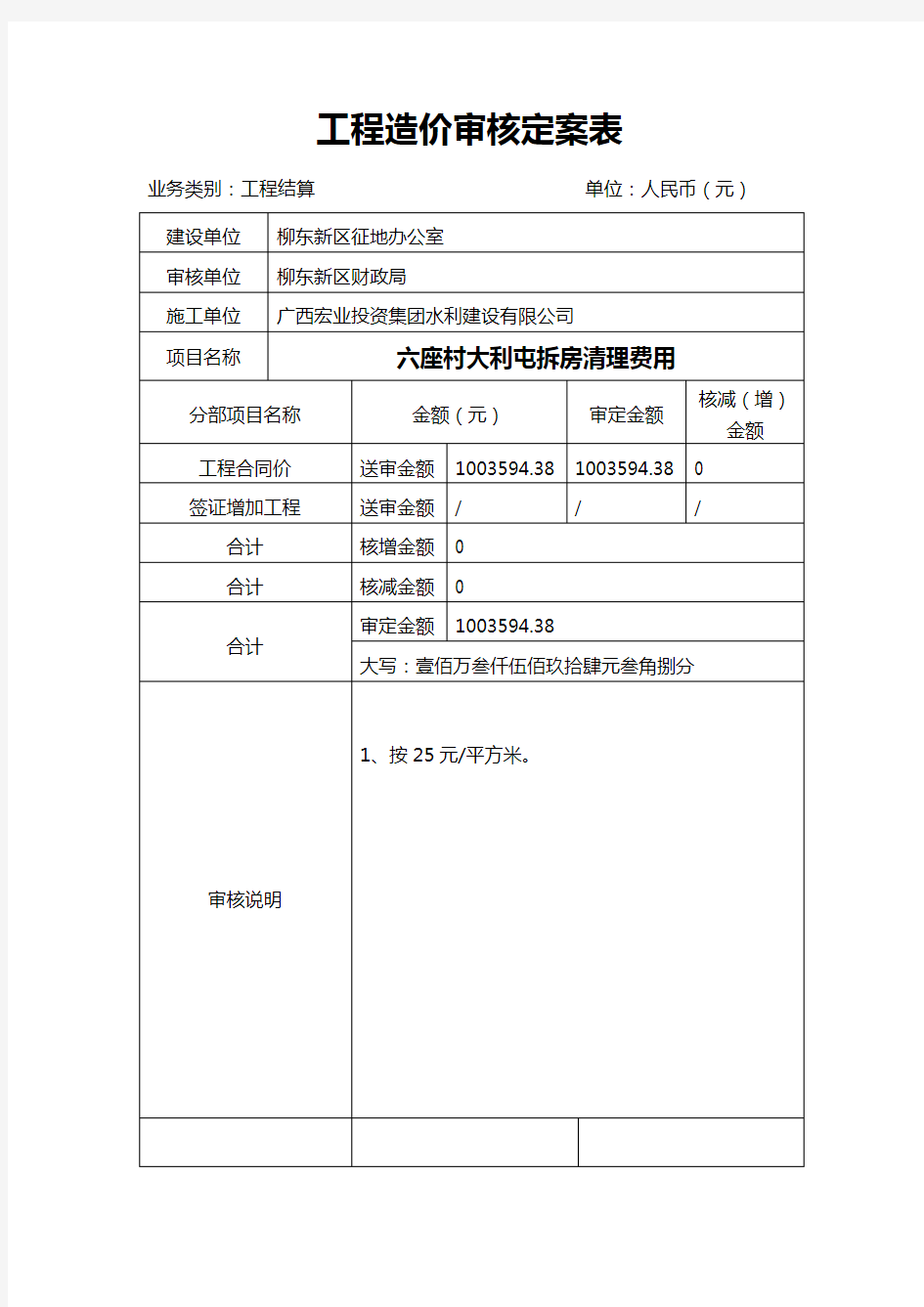 工程造价审核定案表