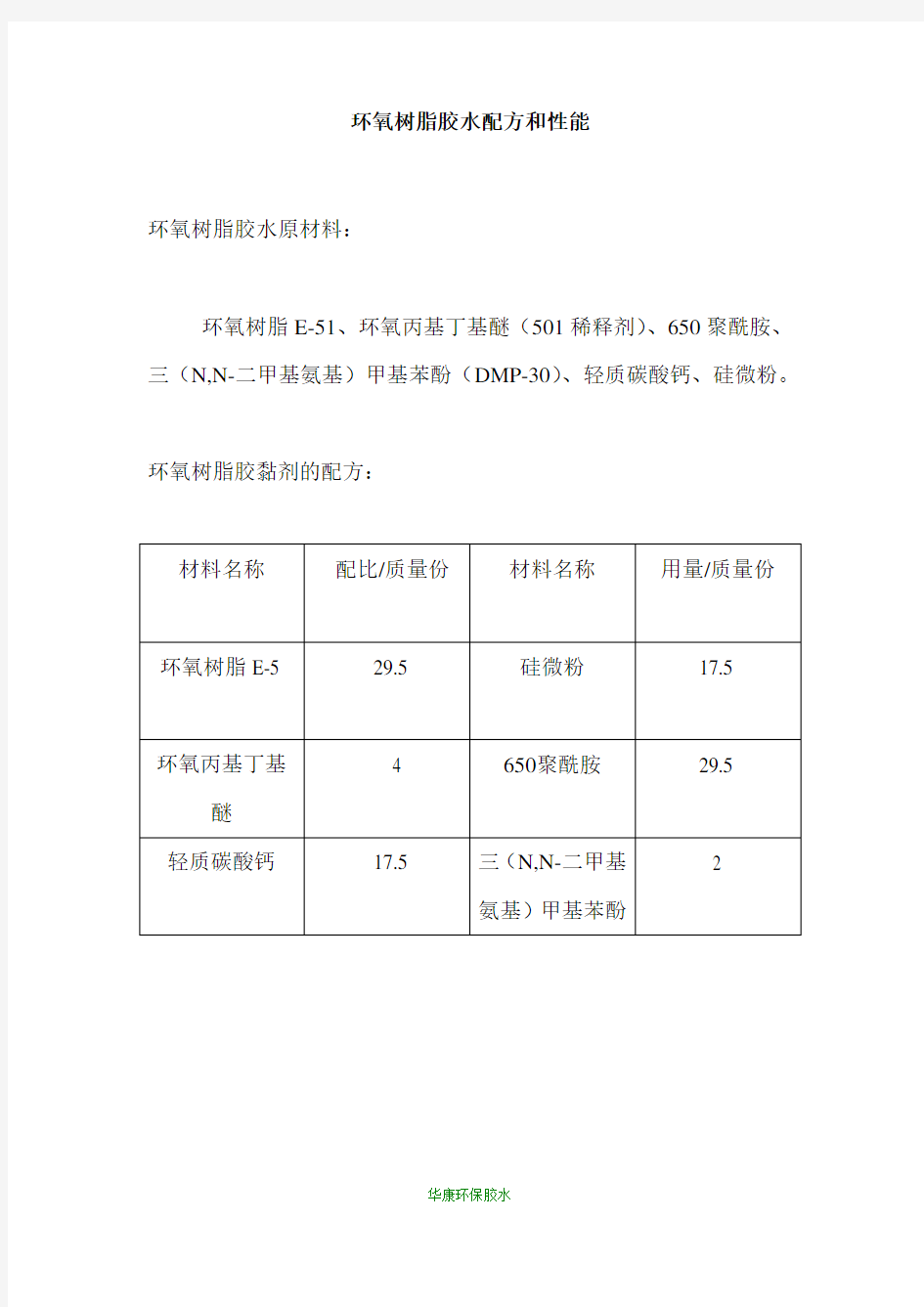 环氧树脂胶水配方和性能