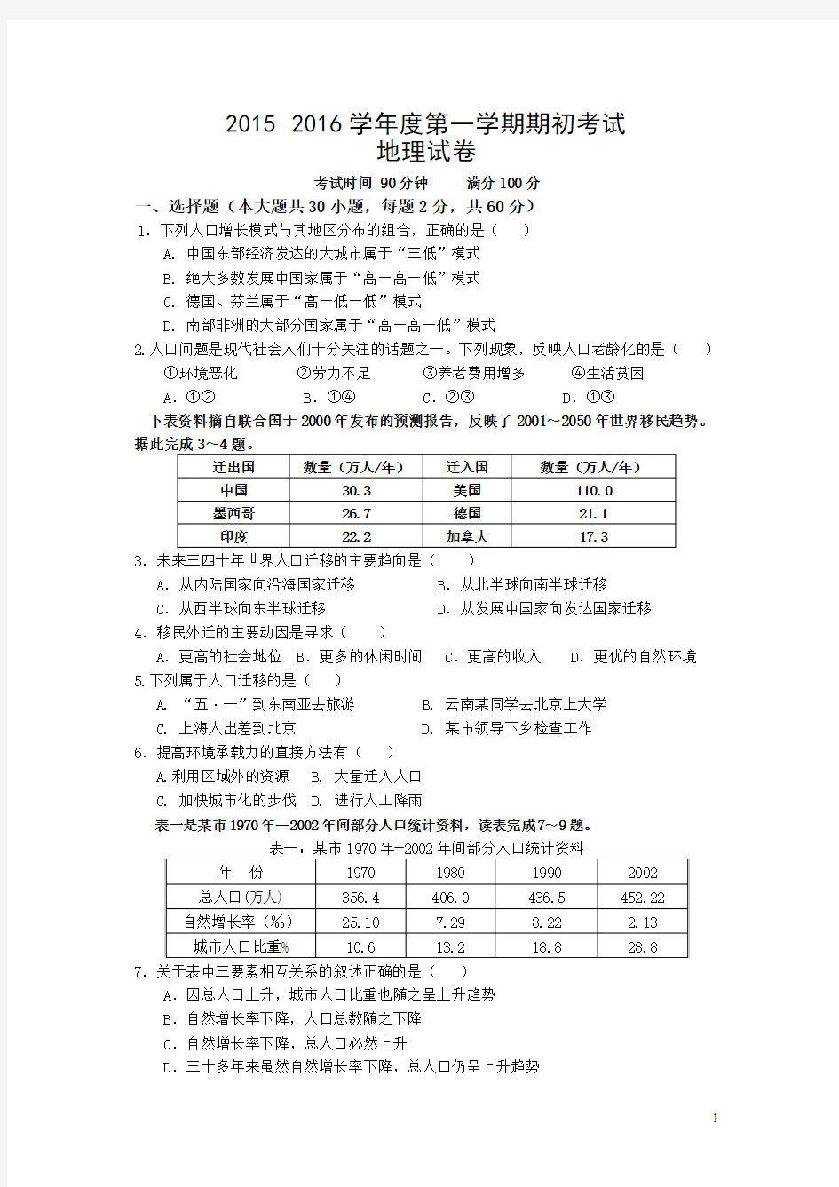 安徽省马鞍山市二十二中2015-2016学年高二上学期入学考试地理试卷