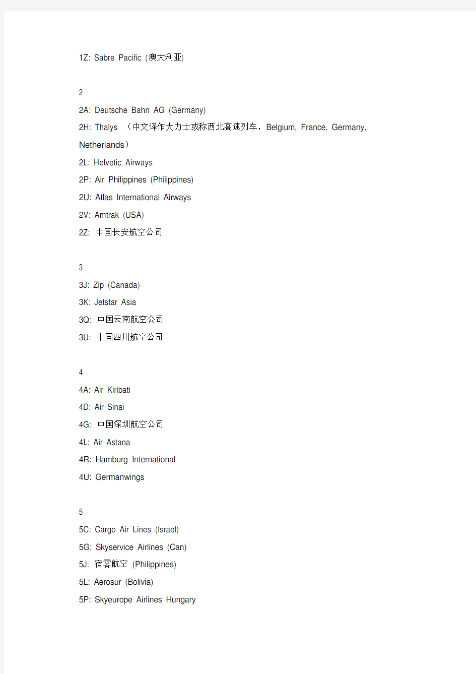 世界所有航空公司代码 从1-9,从A-Z排列,最全,全好