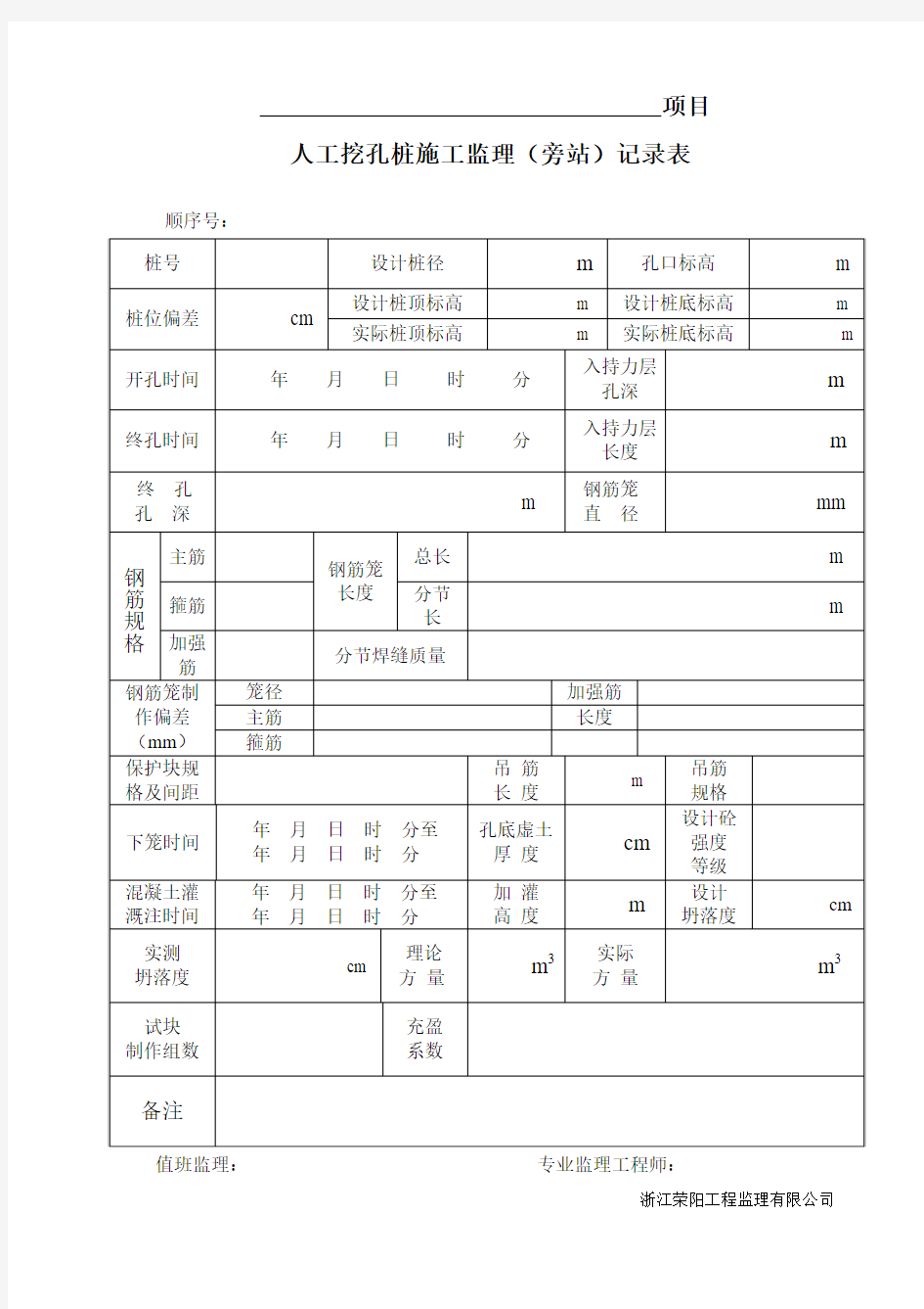 人工挖孔桩施工监理(旁站)记录表