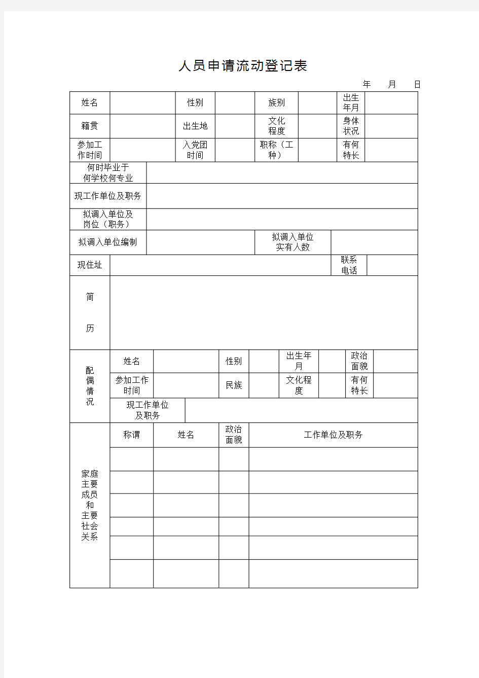 人员申请流动登记表