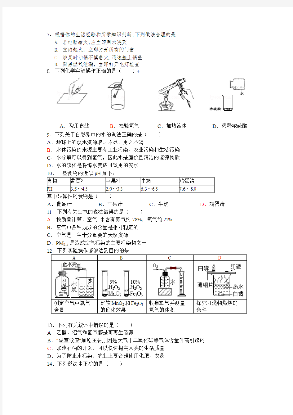 山东省泰安市岱岳区2018—2019上学期期末考试化学试题