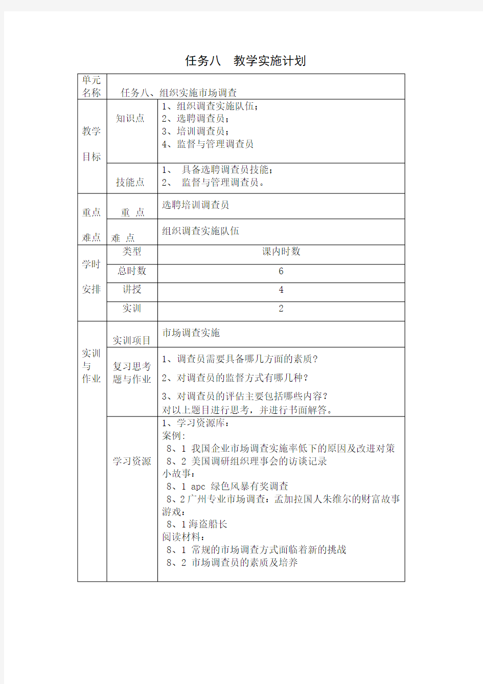 《市场调查与预测》教案任务八：组织实施市场调查