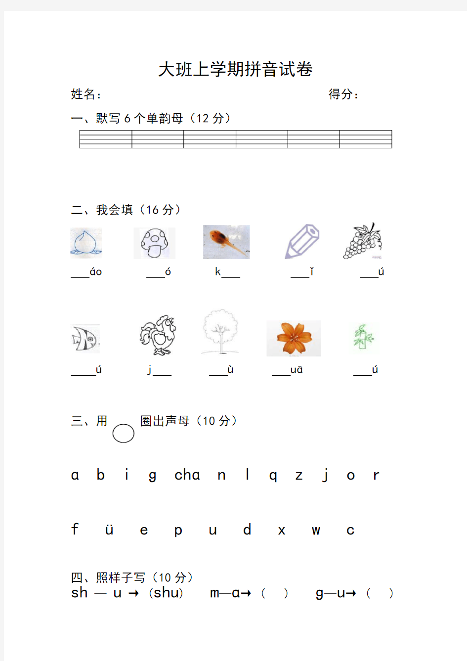 大班上学期拼音试卷