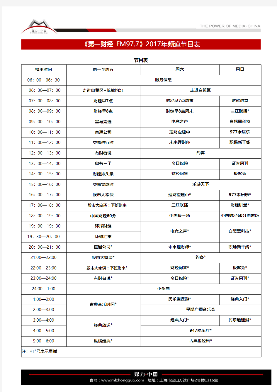 2017年FM97.7第一财经广播电台节目表(2017年1月1日起执行)