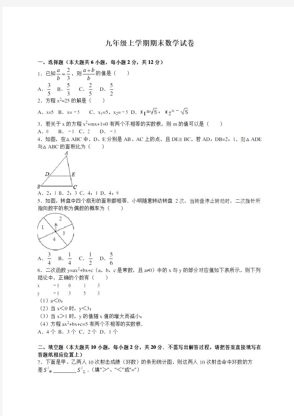 (完整版)苏教版九年级上数学期末试题