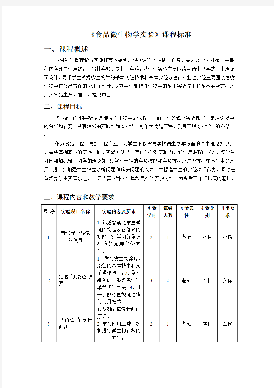 《食品微生物学》课程标准