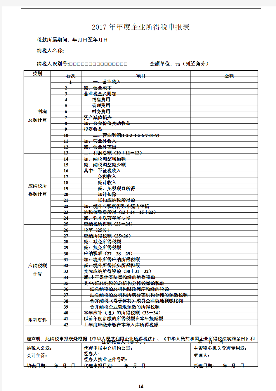 2017年企业所得税年度申报表(A类)