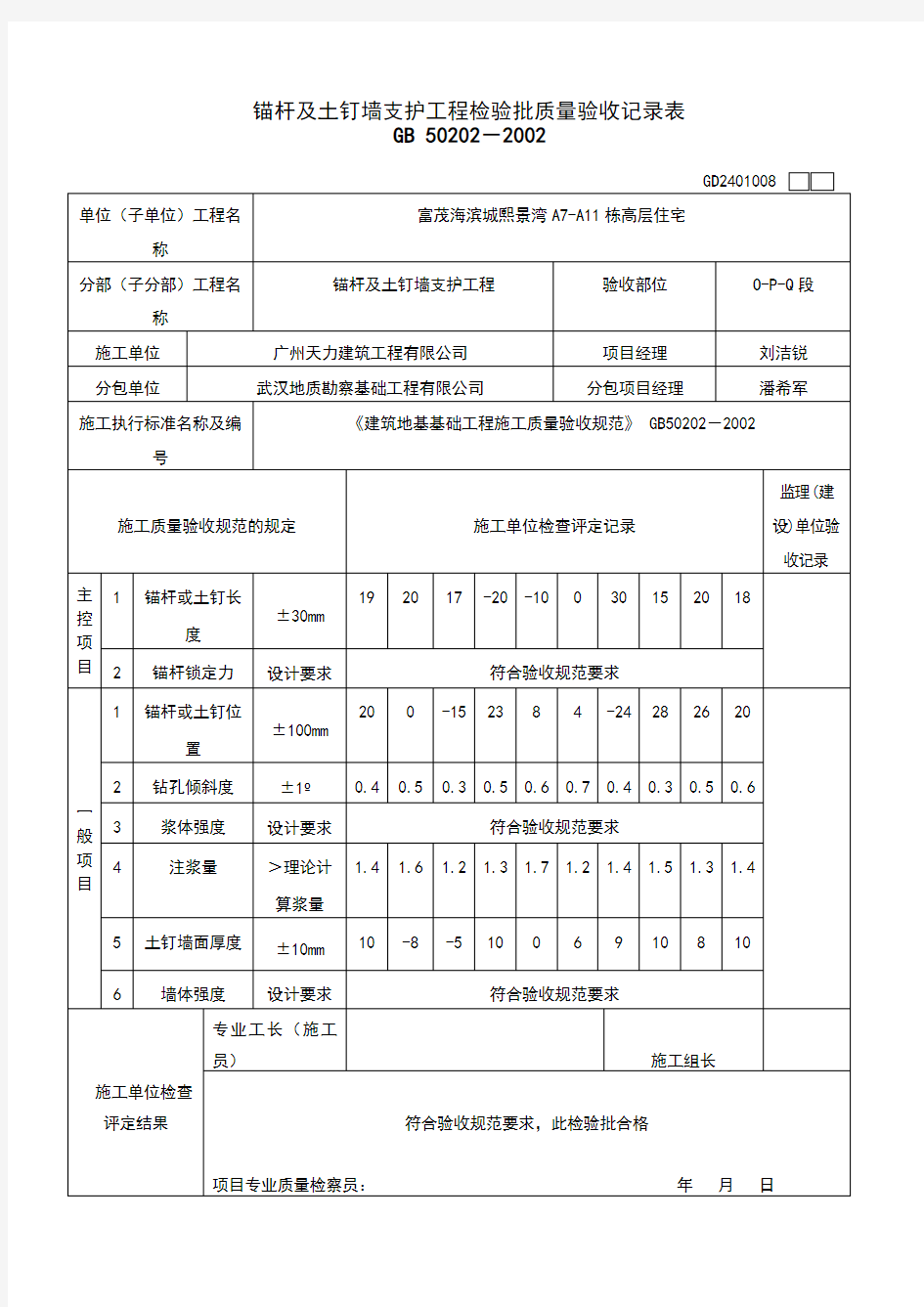 锚杆及土钉墙支护工程检验批质量验收记录表