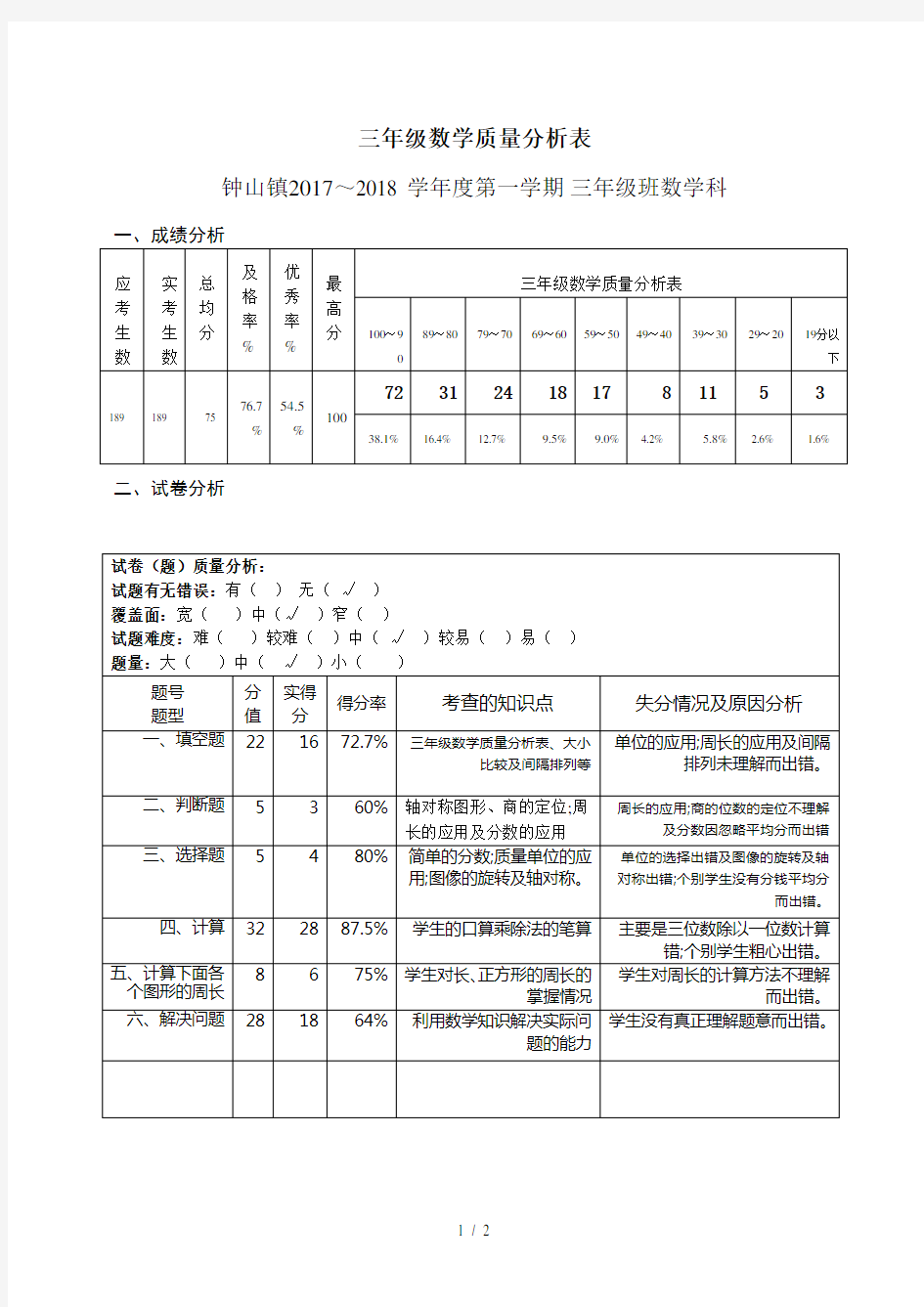 三年级数学质量分析表