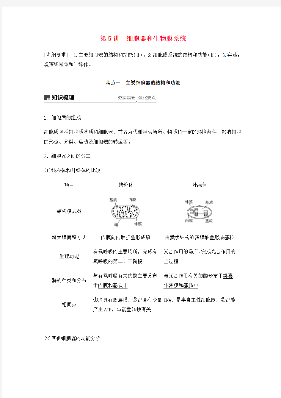 人教通用2020版高考生物大一轮复习第二单元细胞的基本结构和物质的运输第5讲细胞器和生物膜系统讲义