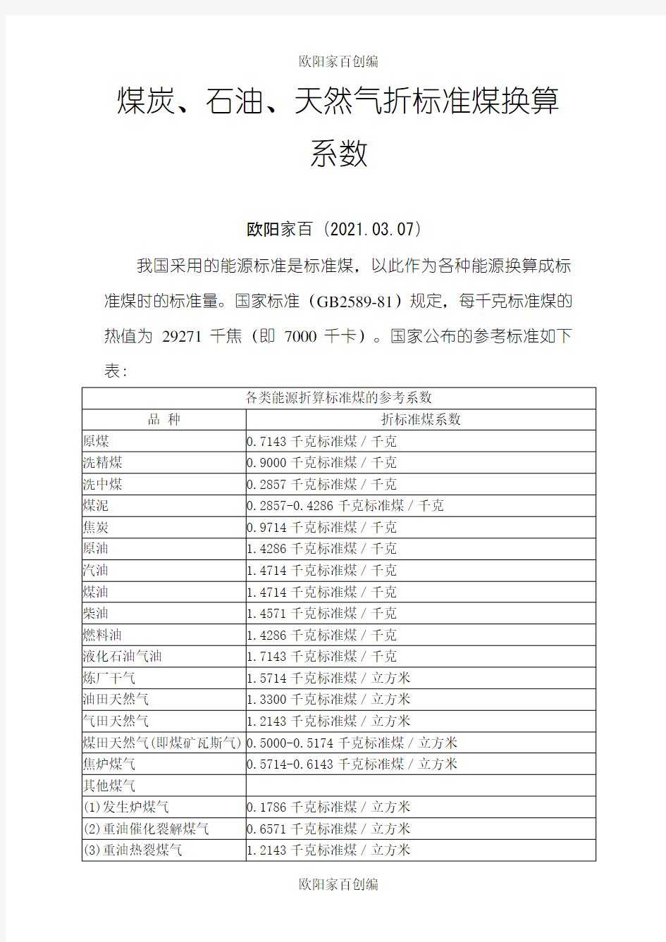 煤炭、石油、天然气折标准煤换算系数之欧阳家百创编