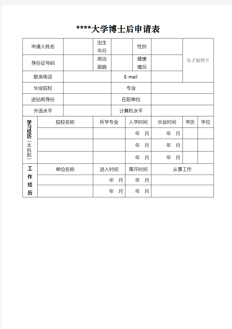 沈阳理工大学博士后申请表【模板】