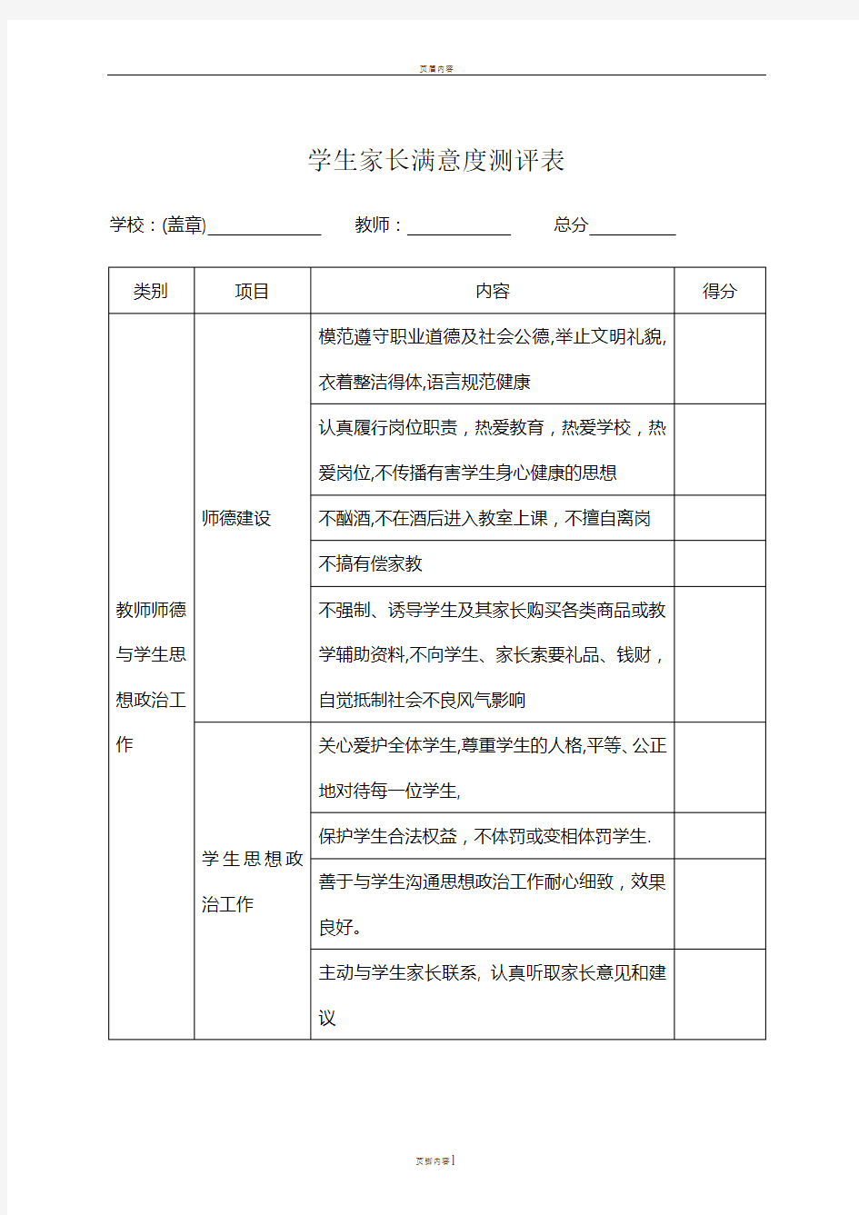 学生家长满意度测评表